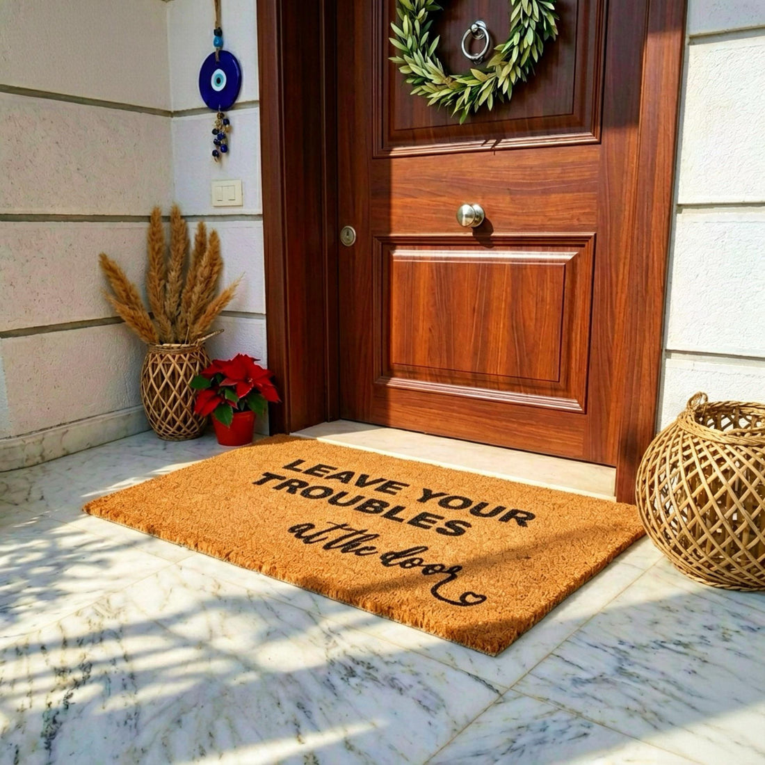 Leave Your Troubles at the Door - of natural coconut fiber burlap.